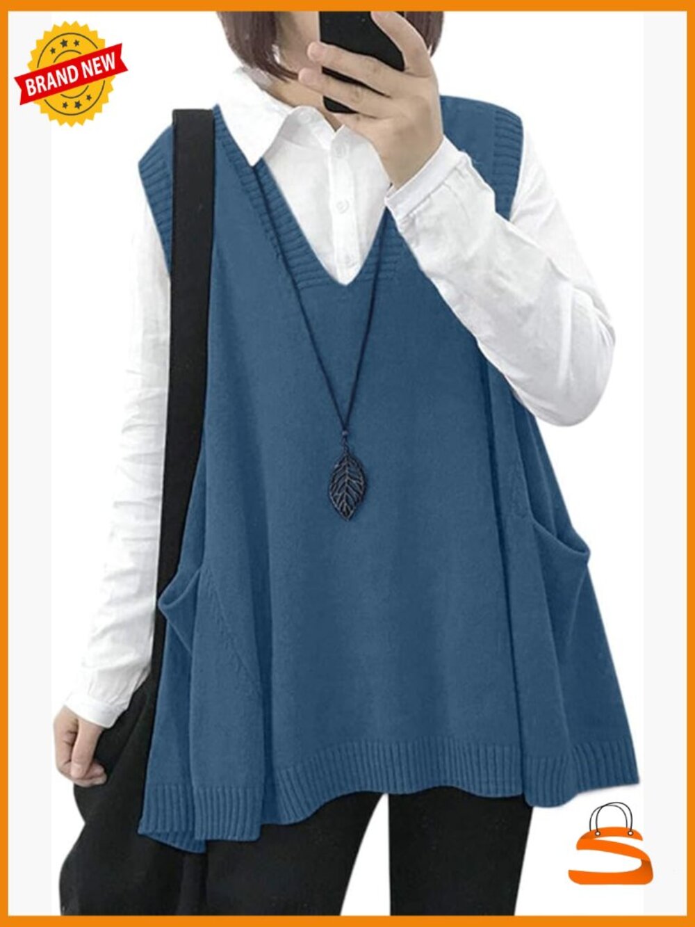 Oversized Cotton Knit Sweater Vest Sleeveless V-Neck with Pockets